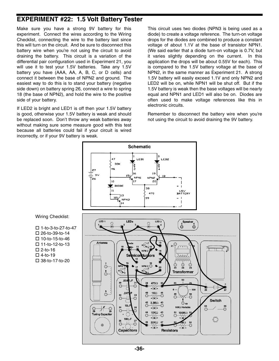 Experiment #22: 1.5 volt battery tester | Elenco Electronic Playground 50-in-1 Experiments User Manual | Page 36 / 72