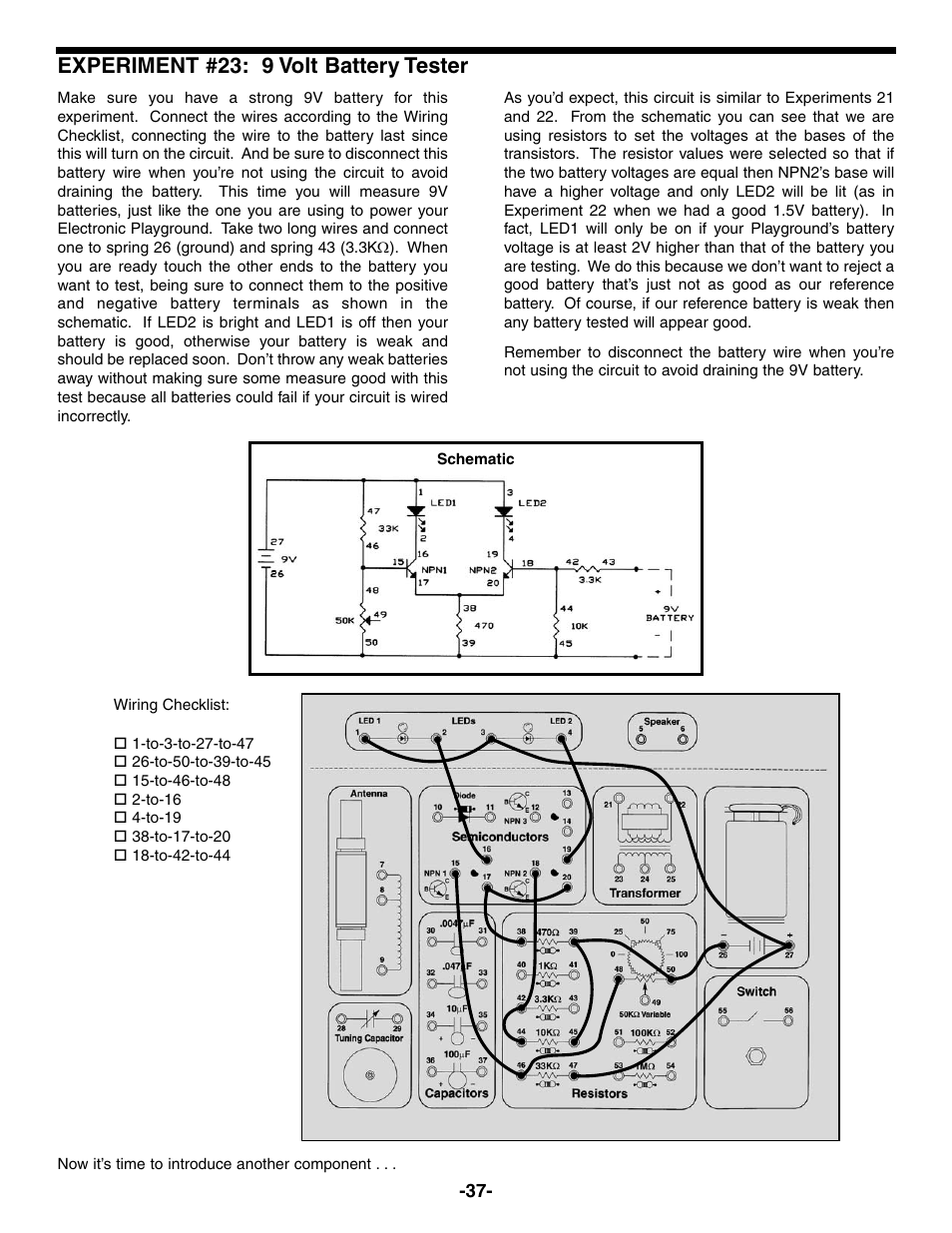 Experiment #23: 9 volt battery tester | Elenco Electronic Playground 50-in-1 Experiments User Manual | Page 37 / 72