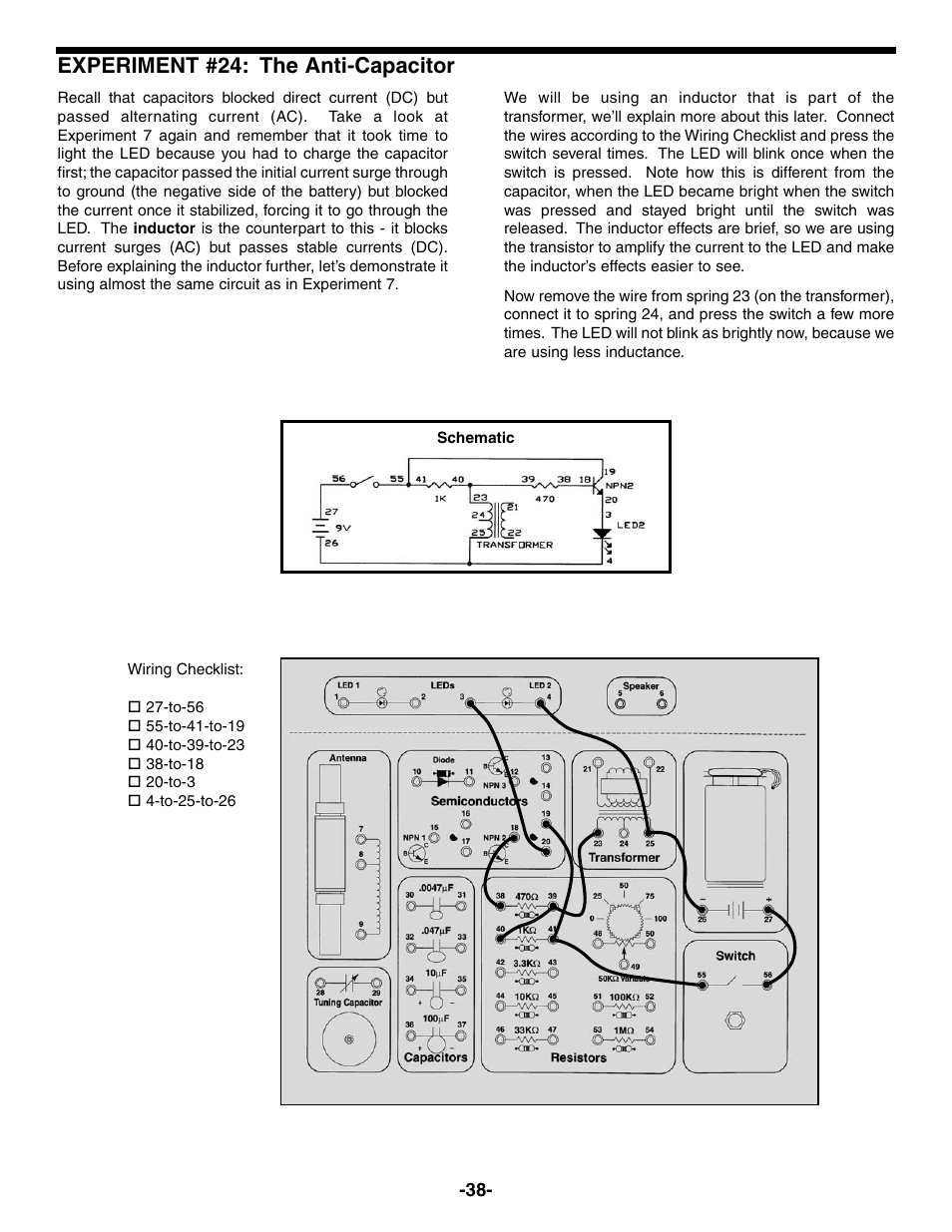 Experiment #24: the anti-capacitor | Elenco Electronic Playground 50-in-1 Experiments User Manual | Page 38 / 72