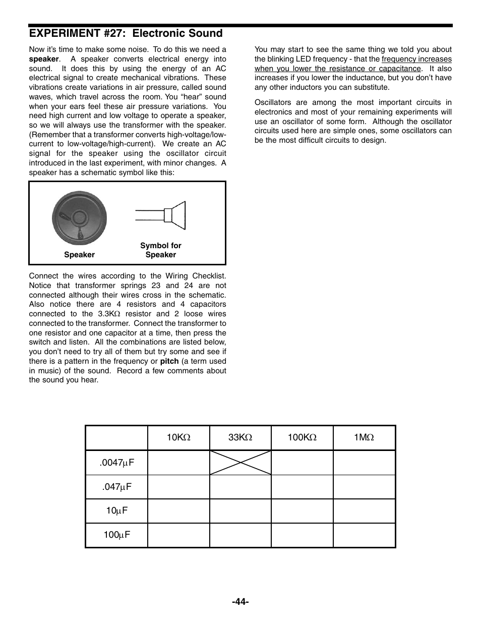 Experiment #27: electronic sound | Elenco Electronic Playground 50-in-1 Experiments User Manual | Page 44 / 72