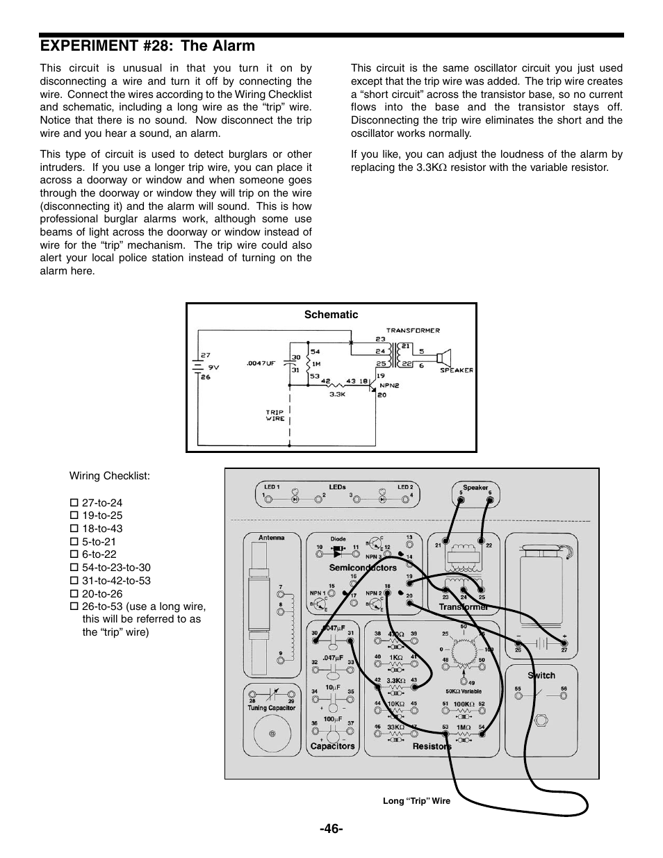 Experiment #28: the alarm | Elenco Electronic Playground 50-in-1 Experiments User Manual | Page 46 / 72