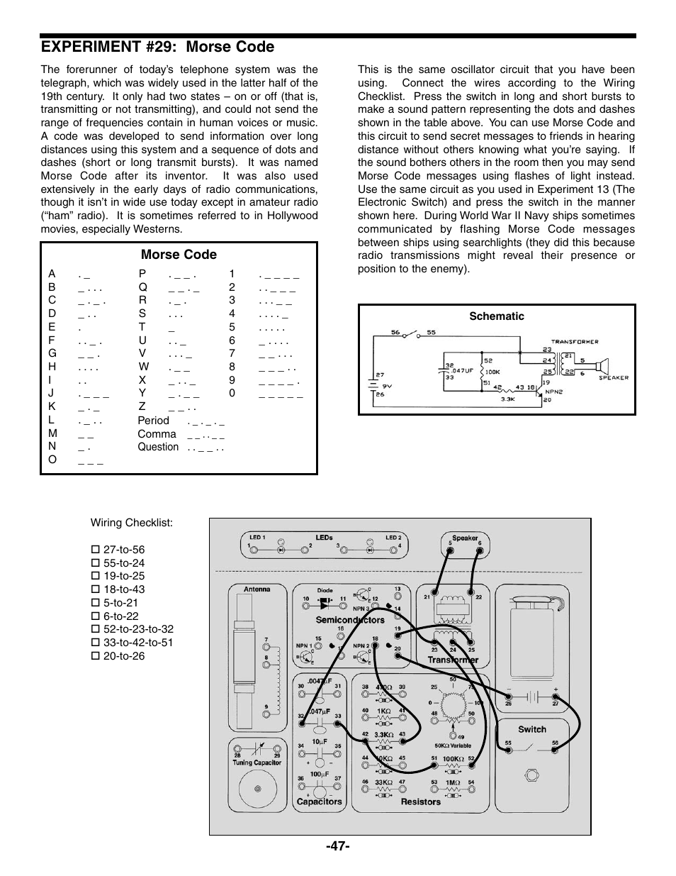 Experiment #29: morse code | Elenco Electronic Playground 50-in-1 Experiments User Manual | Page 47 / 72