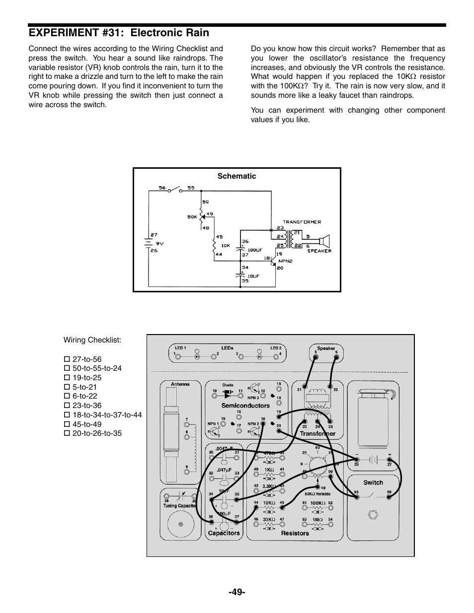 Experiment #31: electronic rain | Elenco Electronic Playground 50-in-1 Experiments User Manual | Page 49 / 72