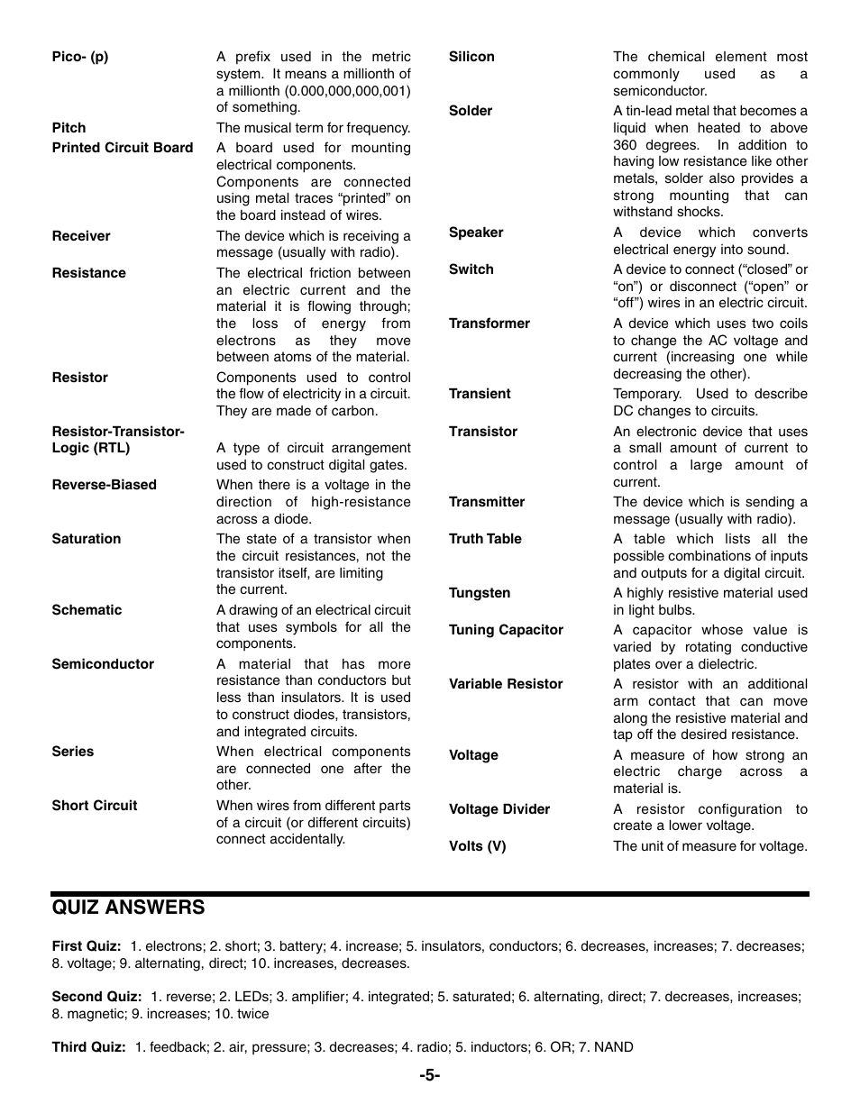 Quiz answers | Elenco Electronic Playground 50-in-1 Experiments User Manual | Page 5 / 72