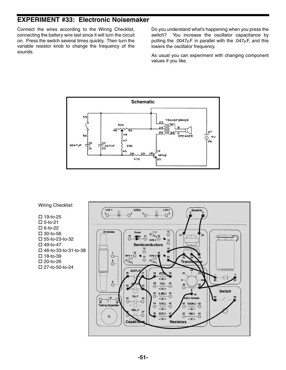 Experiment #33: electronic noisemaker | Elenco Electronic Playground 50-in-1 Experiments User Manual | Page 51 / 72