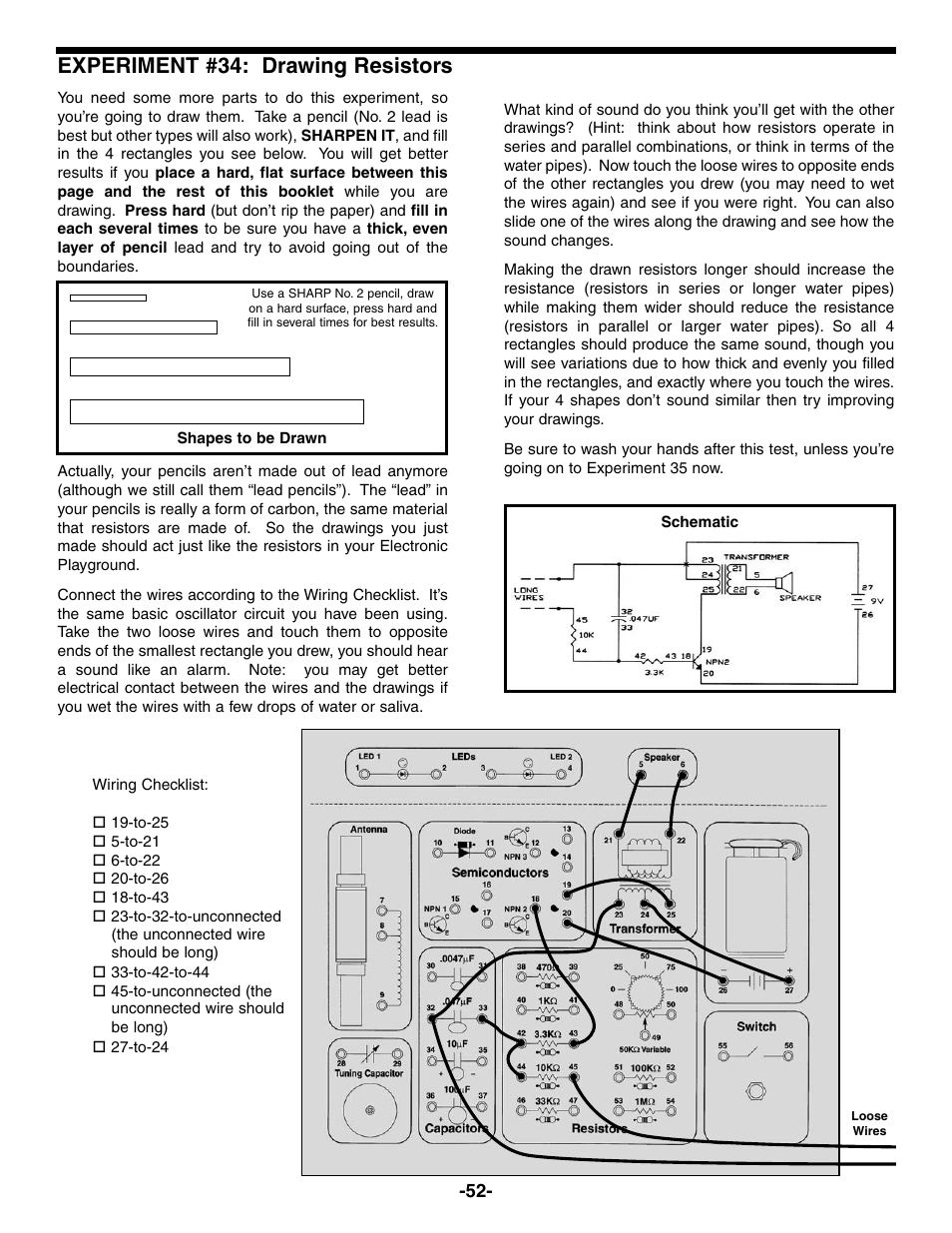 Experiment #34: drawing resistors | Elenco Electronic Playground 50-in-1 Experiments User Manual | Page 52 / 72