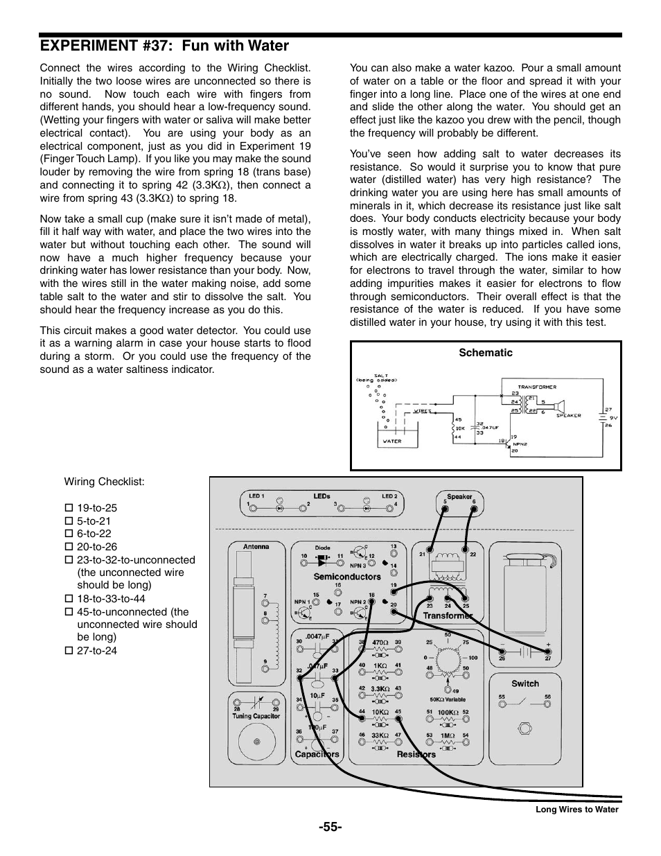 Experiment #37: fun with water | Elenco Electronic Playground 50-in-1 Experiments User Manual | Page 55 / 72