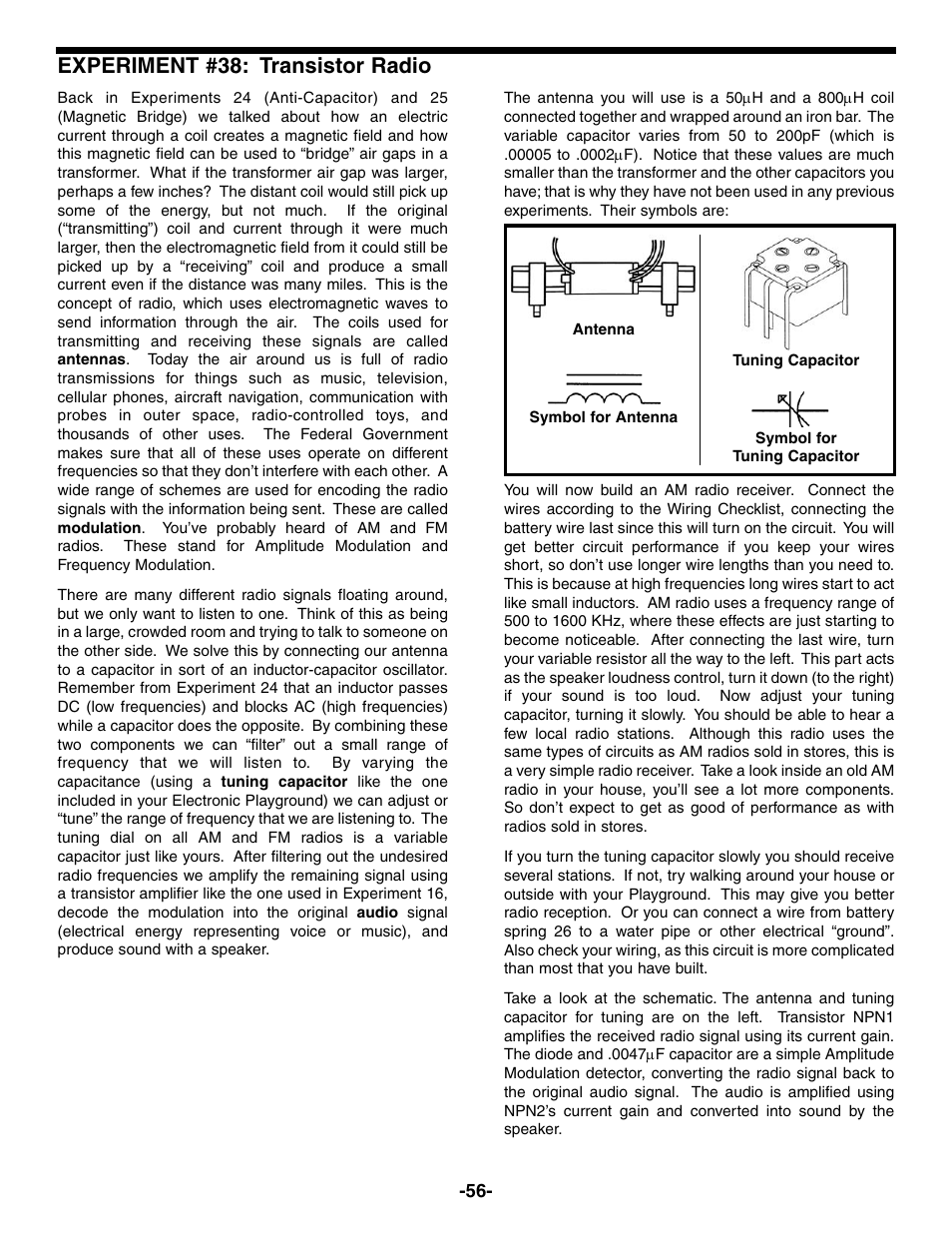 Experiment #38: transistor radio | Elenco Electronic Playground 50-in-1 Experiments User Manual | Page 56 / 72