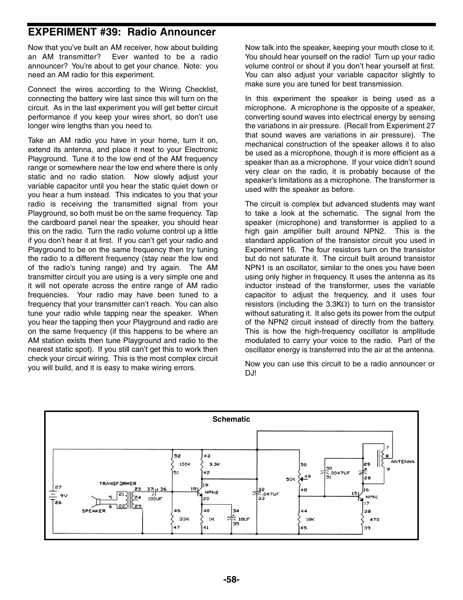Experiment #39: radio announcer | Elenco Electronic Playground 50-in-1 Experiments User Manual | Page 58 / 72