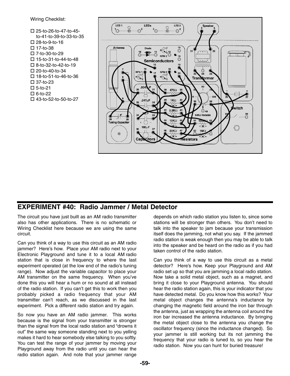 Experiment #40: radio jammer / metal detector | Elenco Electronic Playground 50-in-1 Experiments User Manual | Page 59 / 72