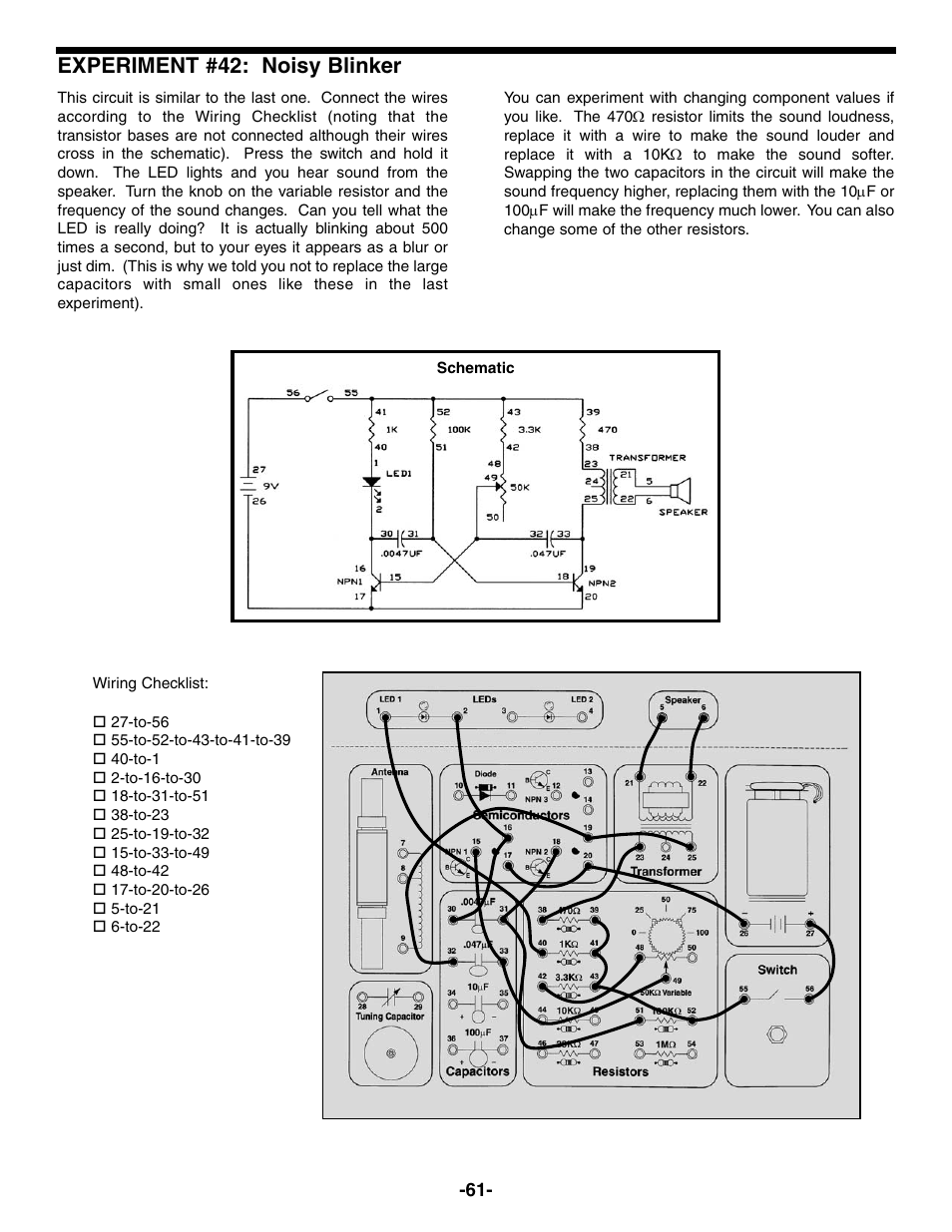 Experiment #42: noisy blinker | Elenco Electronic Playground 50-in-1 Experiments User Manual | Page 61 / 72