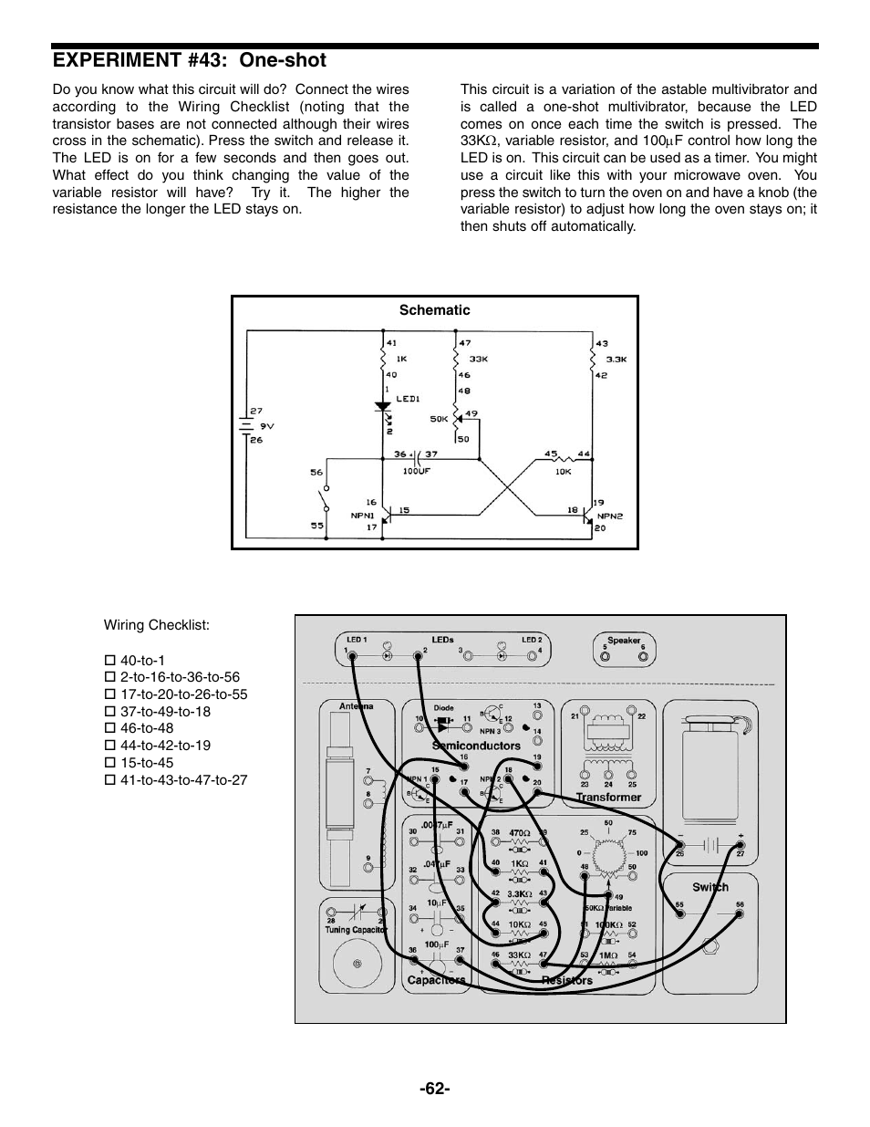 Experiment #43: one-shot | Elenco Electronic Playground 50-in-1 Experiments User Manual | Page 62 / 72