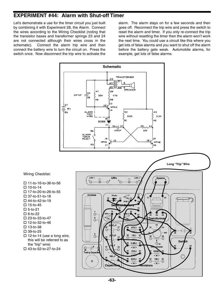Experiment #44: alarm with shut-off timer | Elenco Electronic Playground 50-in-1 Experiments User Manual | Page 63 / 72