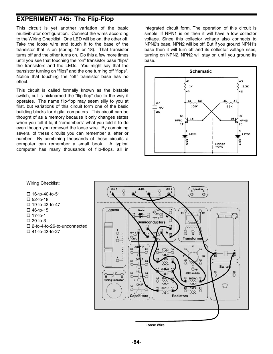 Experiment #45: the flip-flop | Elenco Electronic Playground 50-in-1 Experiments User Manual | Page 64 / 72