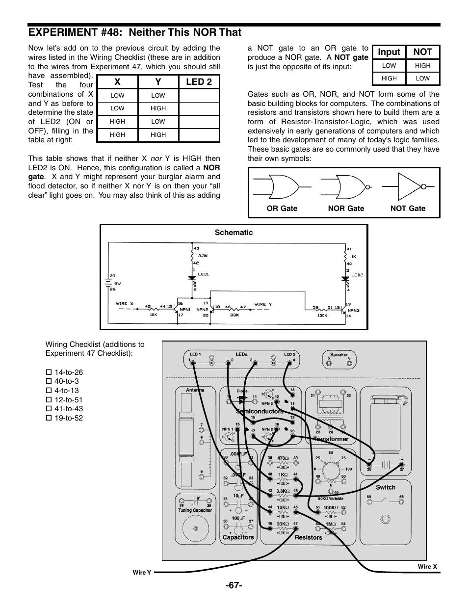 Experiment #48: neither this nor that, Xy led 2, Input not | Elenco Electronic Playground 50-in-1 Experiments User Manual | Page 67 / 72