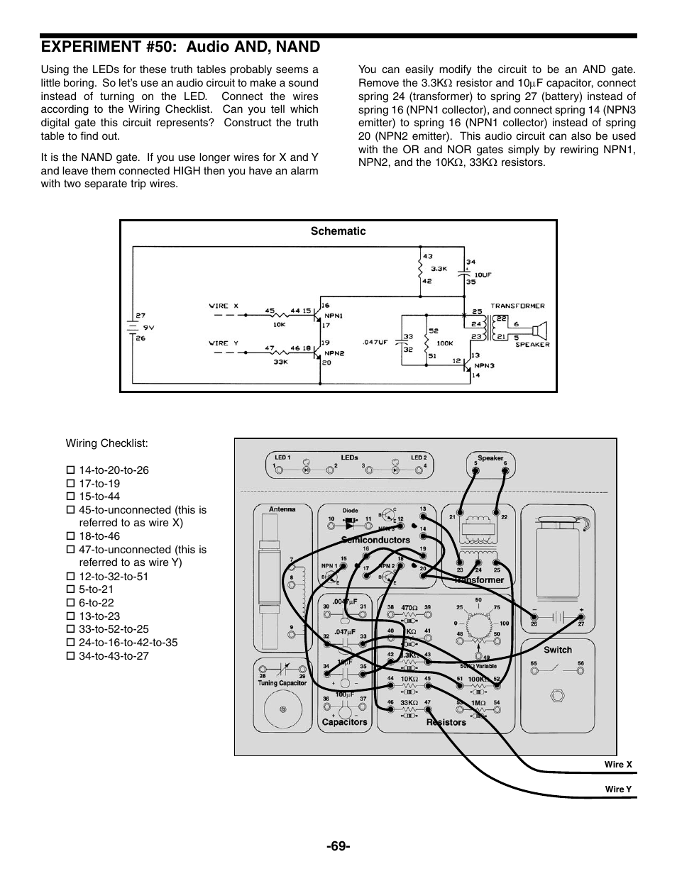 Experiment #50: audio and, nand | Elenco Electronic Playground 50-in-1 Experiments User Manual | Page 69 / 72