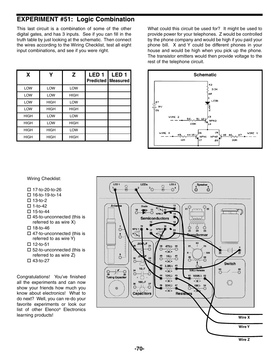 Experiment #51: logic combination, Xy z led 1, Led 1 | Elenco Electronic Playground 50-in-1 Experiments User Manual | Page 70 / 72