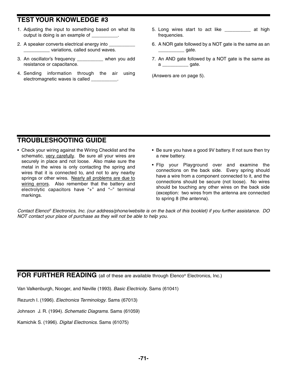 Test your knowledge #3, Troubleshooting guide, For further reading | Elenco Electronic Playground 50-in-1 Experiments User Manual | Page 71 / 72
