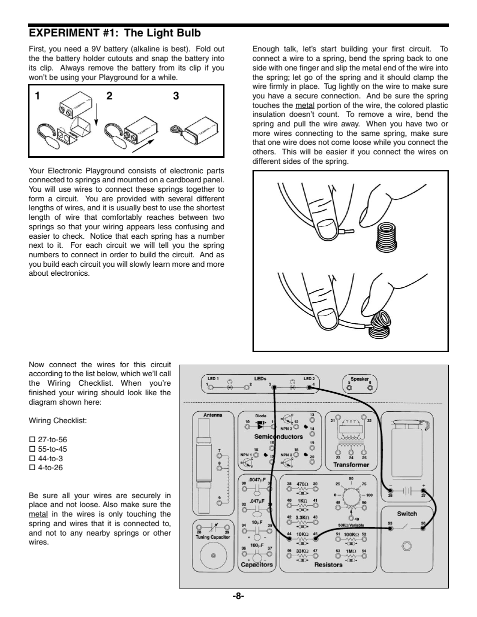 Experiment #1: the light bulb | Elenco Electronic Playground 50-in-1 Experiments User Manual | Page 8 / 72