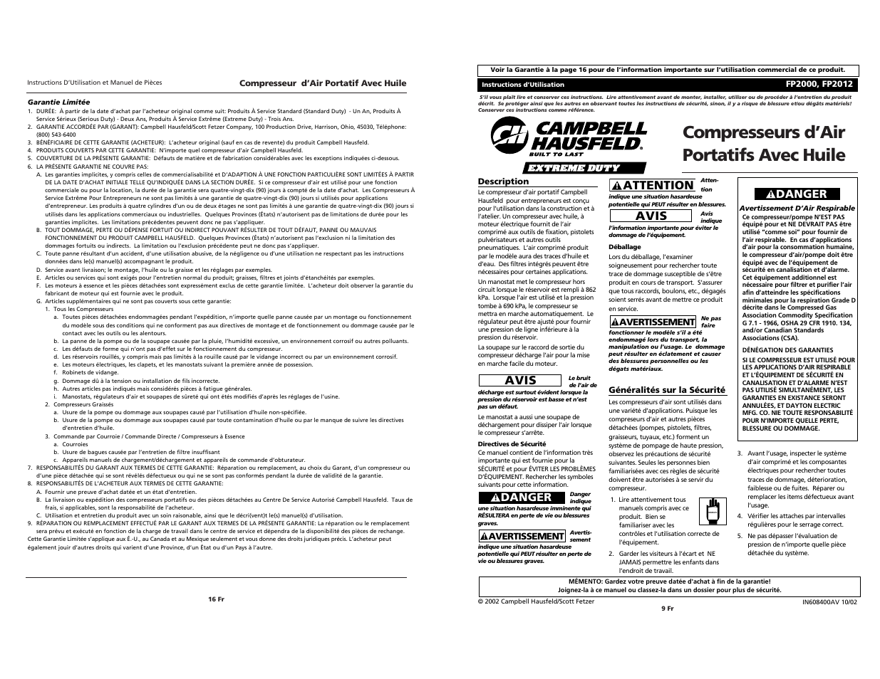 Compresseurs d’air portatifs avec huile, Avis, Attention | Danger | Campbell Hausfeld FP2000 User Manual | Page 16 / 24