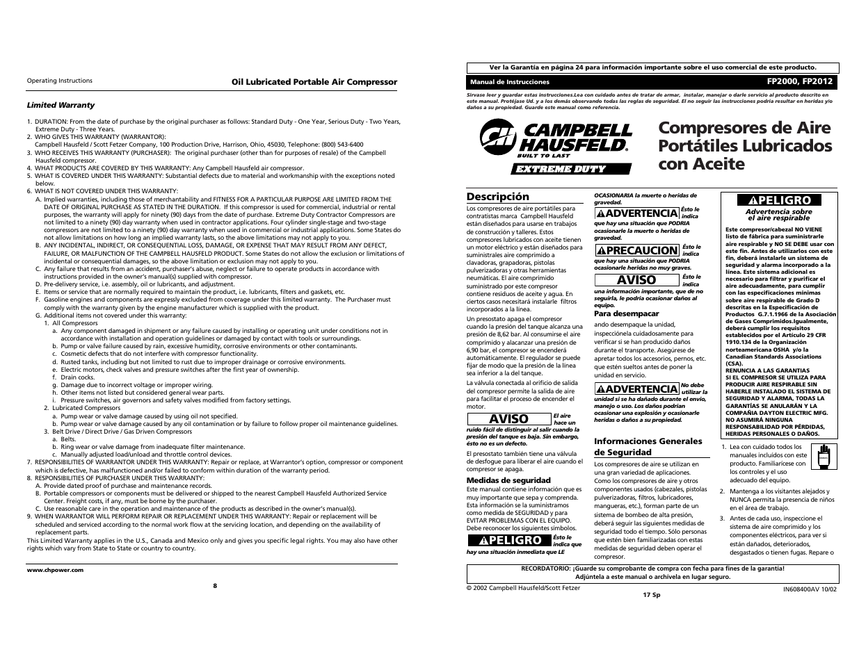 Aviso, Peligro, Precaucion | Descripción, Advertencia | Campbell Hausfeld FP2000 User Manual | Page 17 / 24