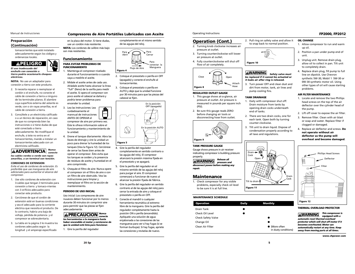 Peligro, Precaucion, Advertencia | Operation (cont.), Maintenance | Campbell Hausfeld FP2000 User Manual | Page 20 / 24