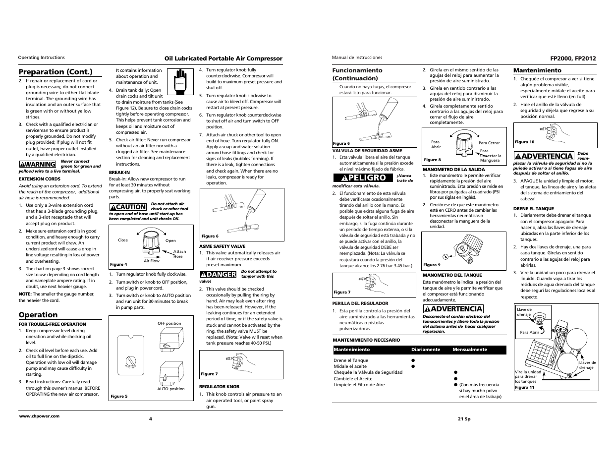 Peligro, Advertencia, Preparation (cont.) | Operation | Campbell Hausfeld FP2000 User Manual | Page 21 / 24