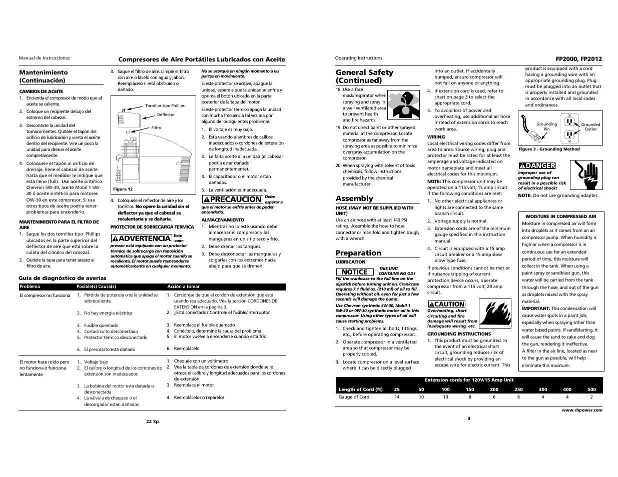 Precaucion, Advertencia, General safety (continued) | Assembly, Preparation, Notice | Campbell Hausfeld FP2000 User Manual | Page 22 / 24