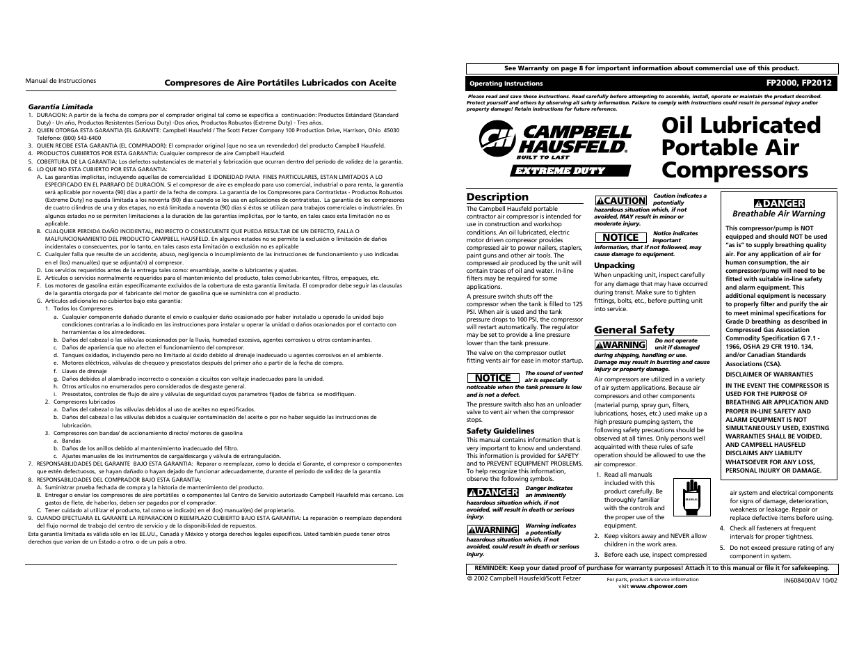 Oil lubricated portable air compressors, Description, Notice | General safety | Campbell Hausfeld FP2000 User Manual | Page 24 / 24