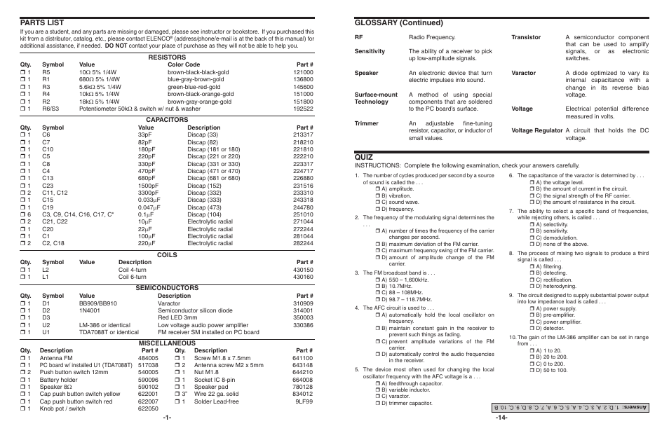 Parts list, Glossary (continued) quiz | Elenco AutoScan Fm Radio Kit User Manual | Page 2 / 8