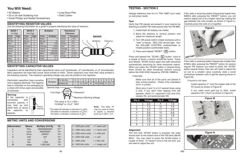 You will need, Identifying resistor values, Metric units and conversions | Identifying capacitor values | Elenco AutoScan Fm Radio Kit User Manual | Page 4 / 8