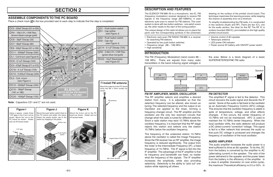Introduction, Description and features, Assemble components to the pc board | Elenco AutoScan Fm Radio Kit User Manual | Page 5 / 8