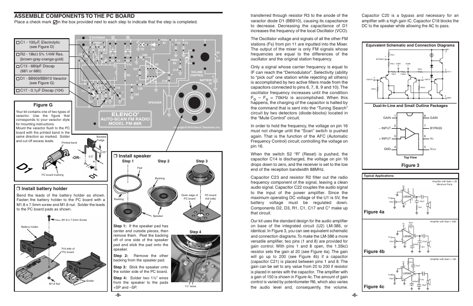 Assemble components to the pc board, Figure g, Figure 3 figure 4a figure 4c figure 4b | R install speaker, R install battery holder, Equivalent schematic and connection diagrams, Dual-in-line and small outline packages, Step 1 step 2 step 3 step 4 | Elenco AutoScan Fm Radio Kit User Manual | Page 7 / 8