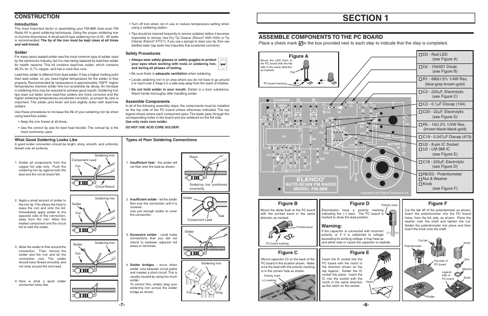 Construction, Assemble components to the pc board, Figure c | Figure d, Warning, Figure a, Figure b, Figure e figure f | Elenco AutoScan Fm Radio Kit User Manual | Page 8 / 8
