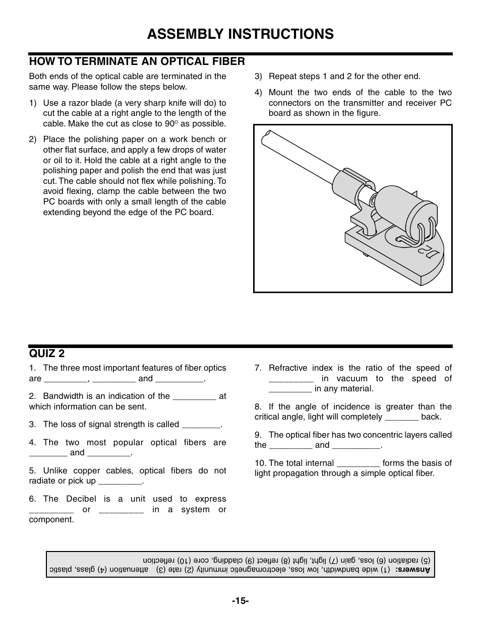 Assembly instructions, How to terminate an optical fiber, Quiz 2 | Elenco Fiber Optics Voice and Data Kit User Manual | Page 16 / 24