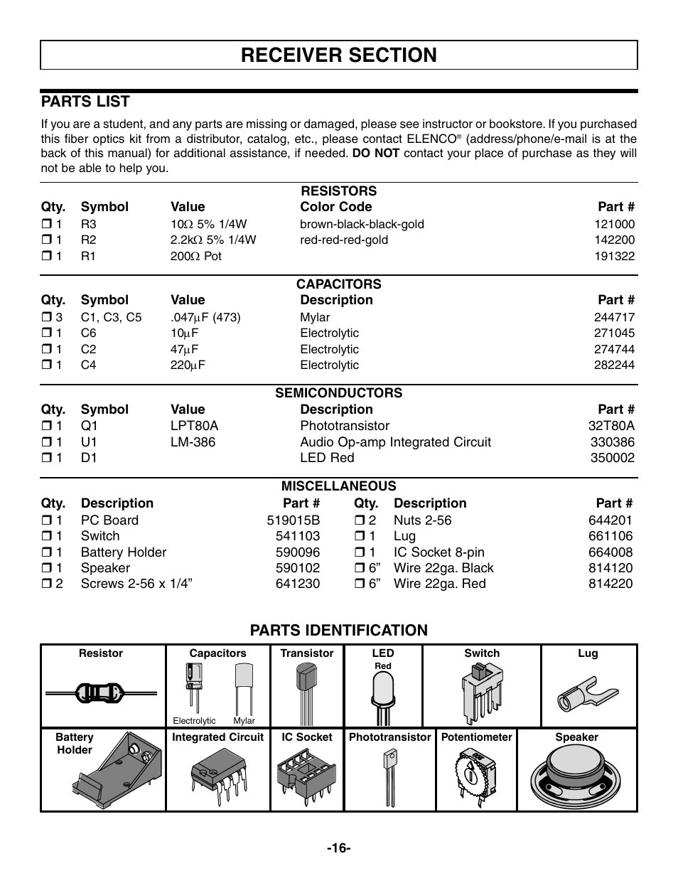 Parts identification, Parts list | Elenco Fiber Optics Voice and Data Kit User Manual | Page 17 / 24