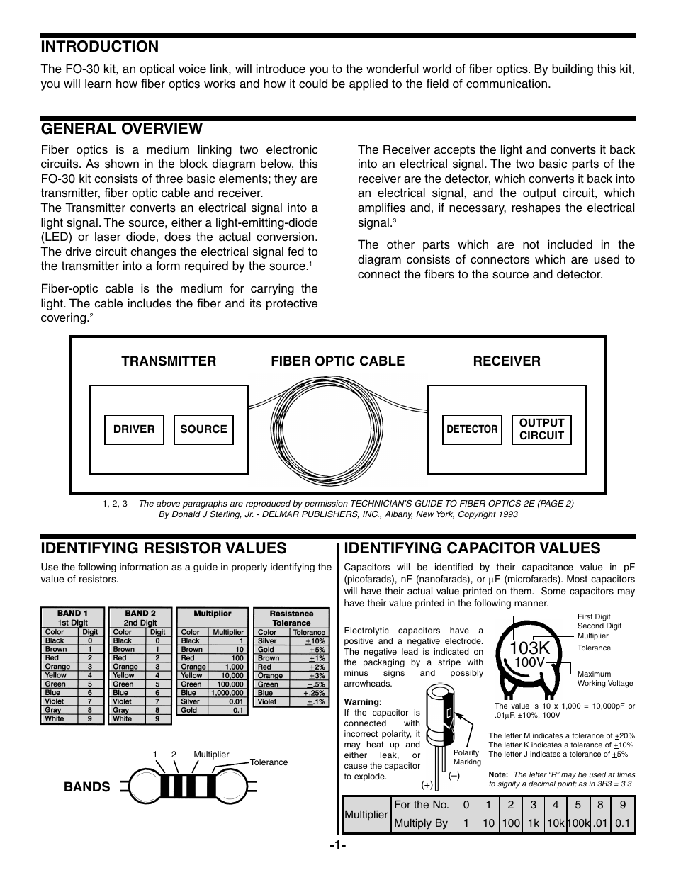 103k, Introduction, General overview | Identifying resistor values, Identifying capacitor values, Transmitter receiver fiber optic cable, Bands, 100v | Elenco Fiber Optics Voice and Data Kit User Manual | Page 2 / 24