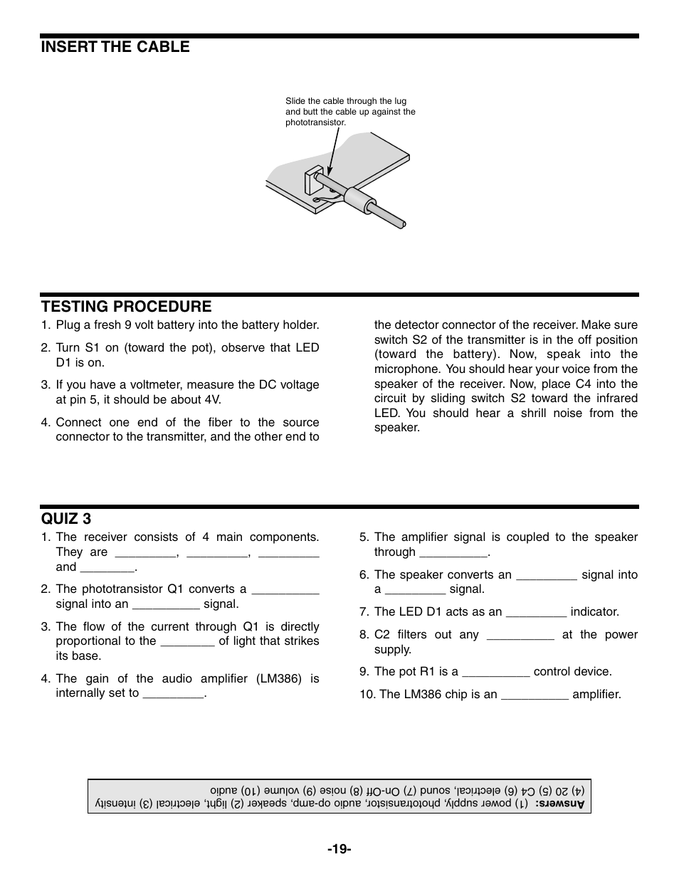 Insert the cable testing procedure, Quiz 3 | Elenco Fiber Optics Voice and Data Kit User Manual | Page 20 / 24