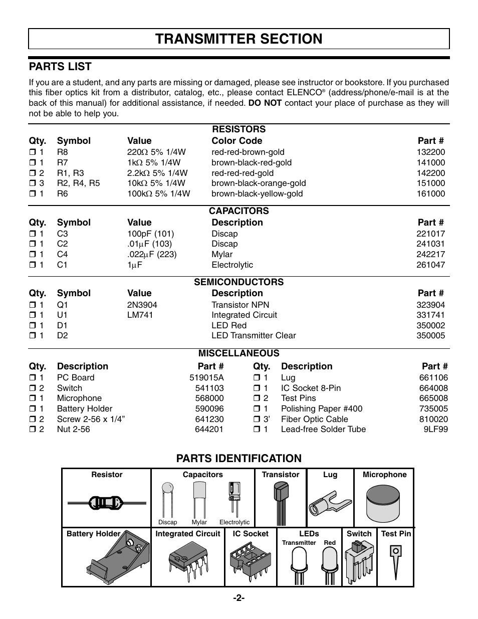 Parts list, Parts identification | Elenco Fiber Optics Voice and Data Kit User Manual | Page 3 / 24