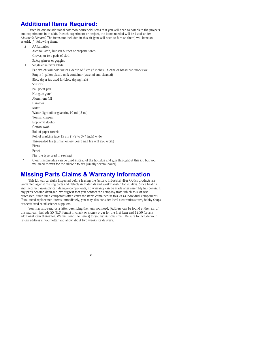 Additional items required, Missing parts claims & warranty information | Elenco Fiber Optics Voice Data Kit User Manual | Page 5 / 30