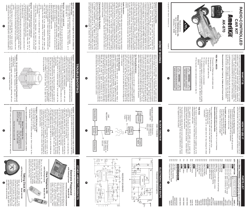 Radio-contr olled car kit, Ak-870, Tr oubleshoo ting | Ho w it w orks, Wha t it is, Block dia gram, Other amerikit pr oducts, Electr onic pla ygr ound, Clear t elephone kit, Talking cloc k kit | Elenco Radio Controlled Car Kit User Manual | Page 2 / 2