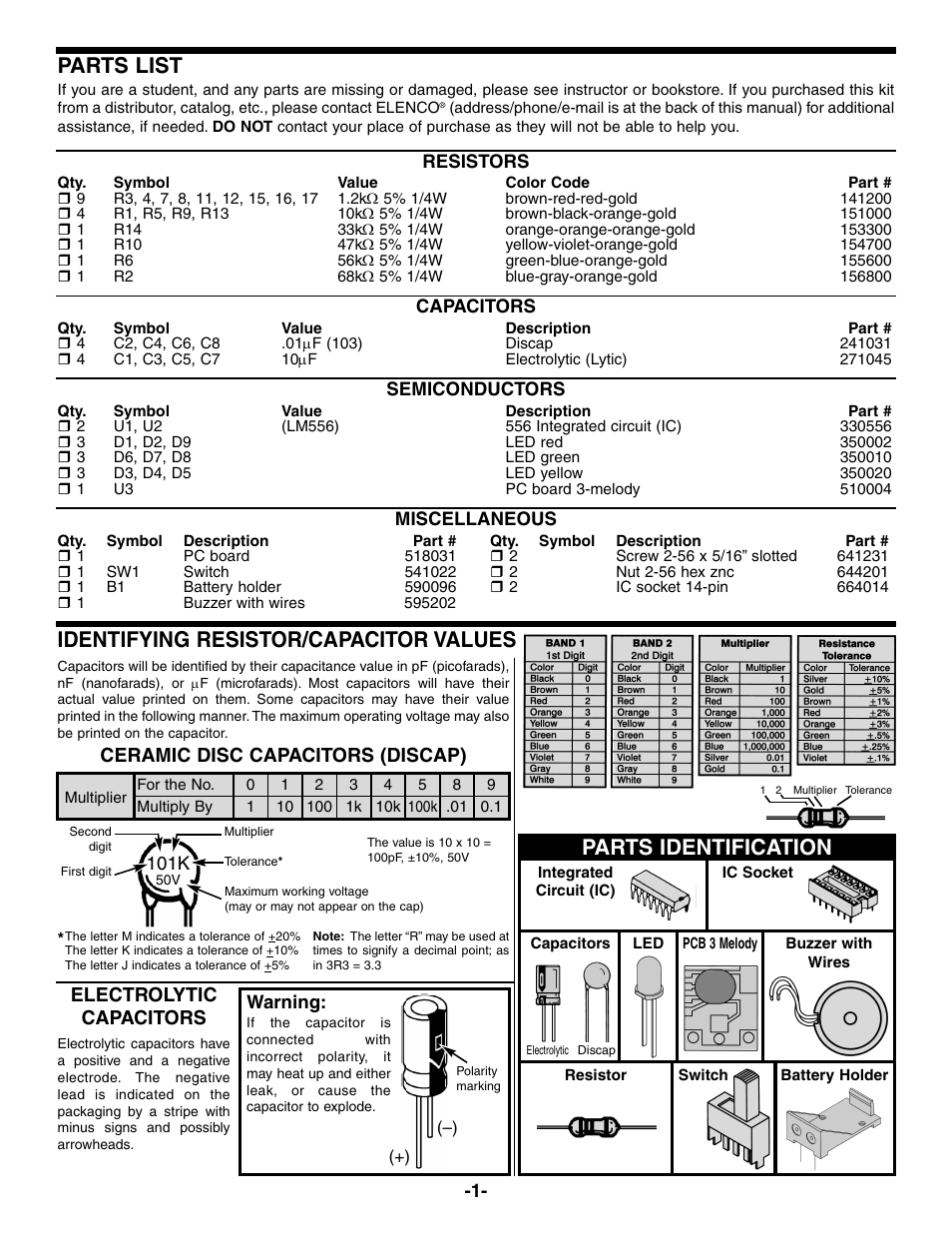 Parts list, Parts identification, Identifying resistor/capacitor values | Elenco Christmas Tree Kit User Manual | Page 2 / 8