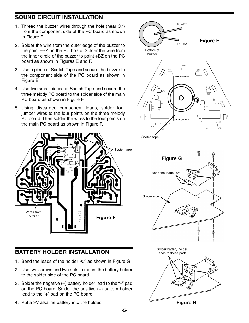 Battery holder installation, Sound circuit installation | Elenco Christmas Tree Kit User Manual | Page 6 / 8