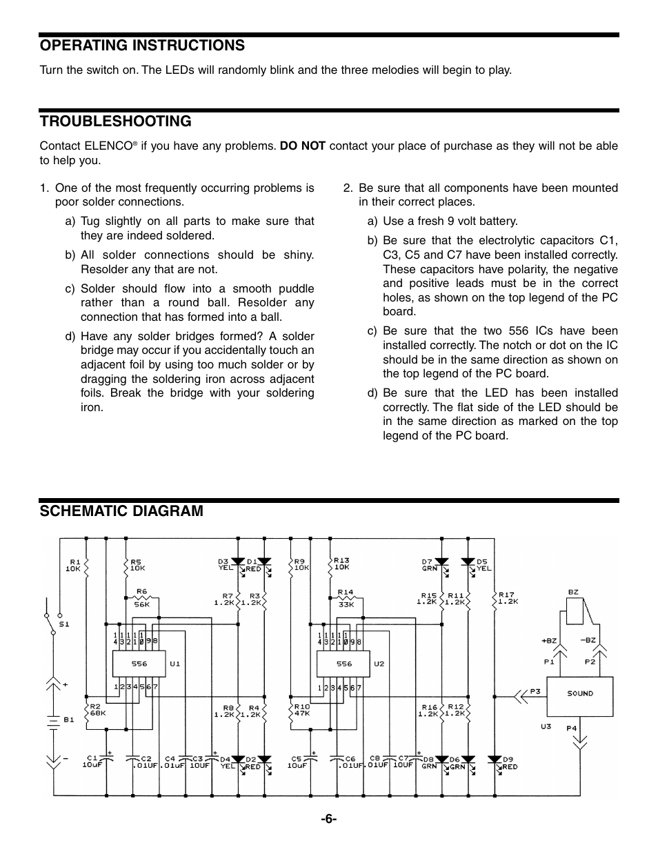 Schematic diagram operating instructions, Troubleshooting | Elenco Christmas Tree Kit User Manual | Page 7 / 8