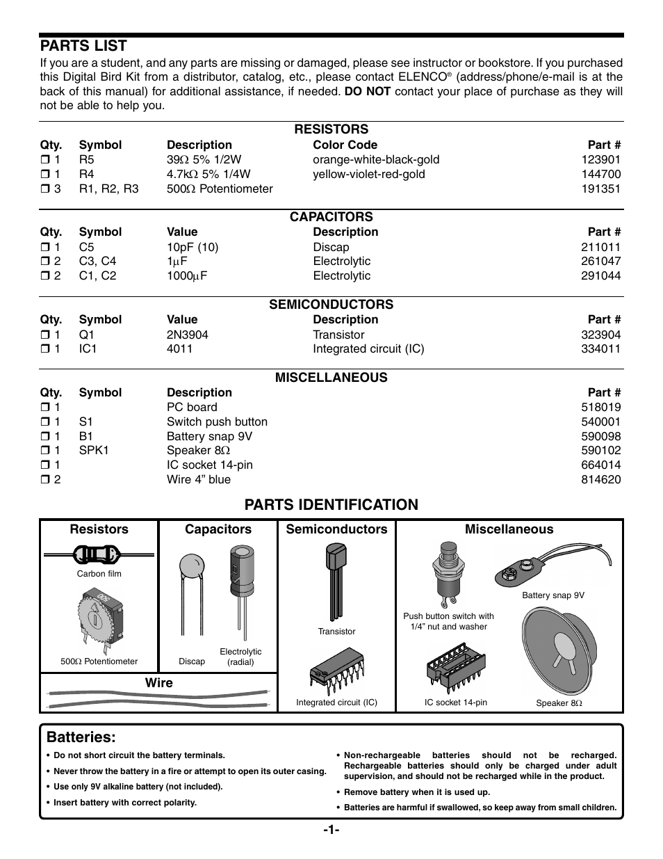 Parts list, Parts identification, Batteries | Elenco Digital Bird User Manual | Page 2 / 8