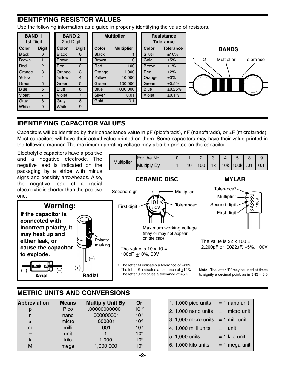 Warning, Identifying resistor values, Metric units and conversions | Identifying capacitor values, Ceramic disc mylar, 101k | Elenco Digital Bird User Manual | Page 3 / 8