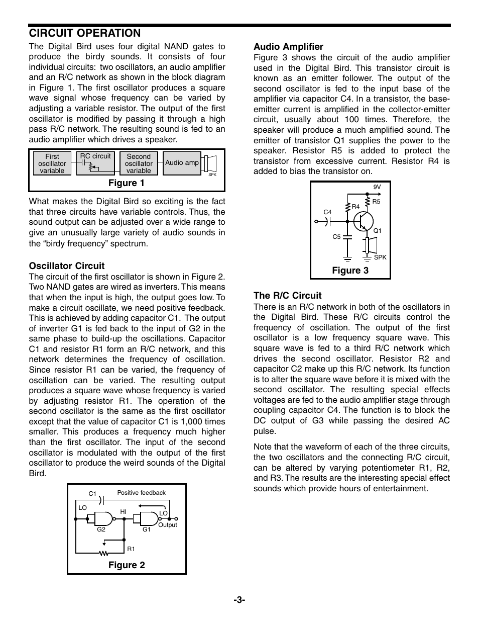 Circuit operation, Oscillator circuit, Audio amplifier | The r/c circuit, Figure 1, Figure 2, Figure 3 | Elenco Digital Bird User Manual | Page 4 / 8