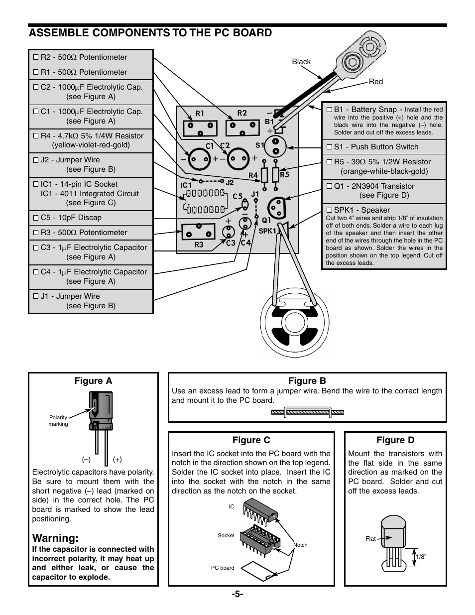 Assemble components to the pc board, Warning | Elenco Digital Bird User Manual | Page 6 / 8