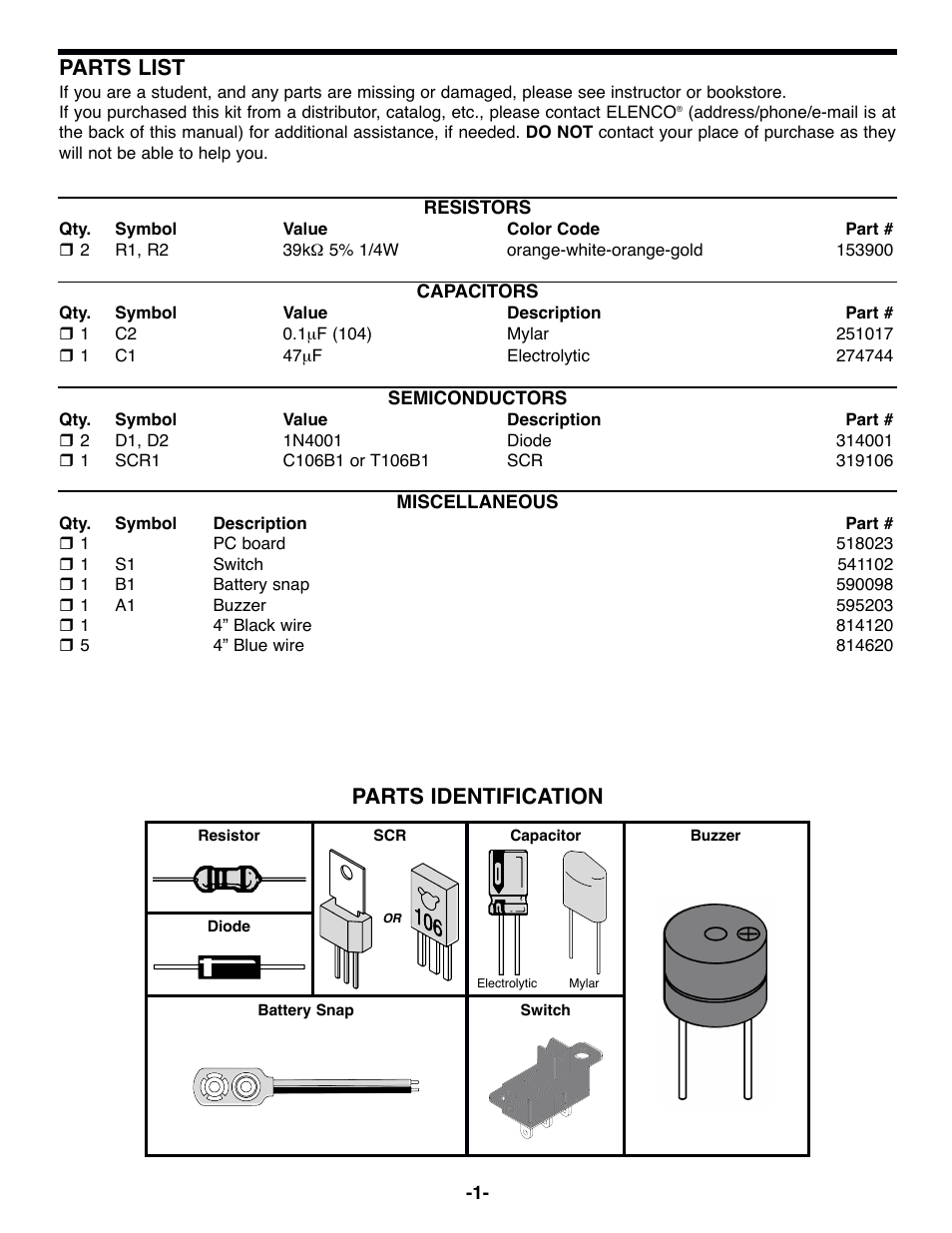 Parts list, Parts identification | Elenco Burglar Alarm User Manual | Page 2 / 8