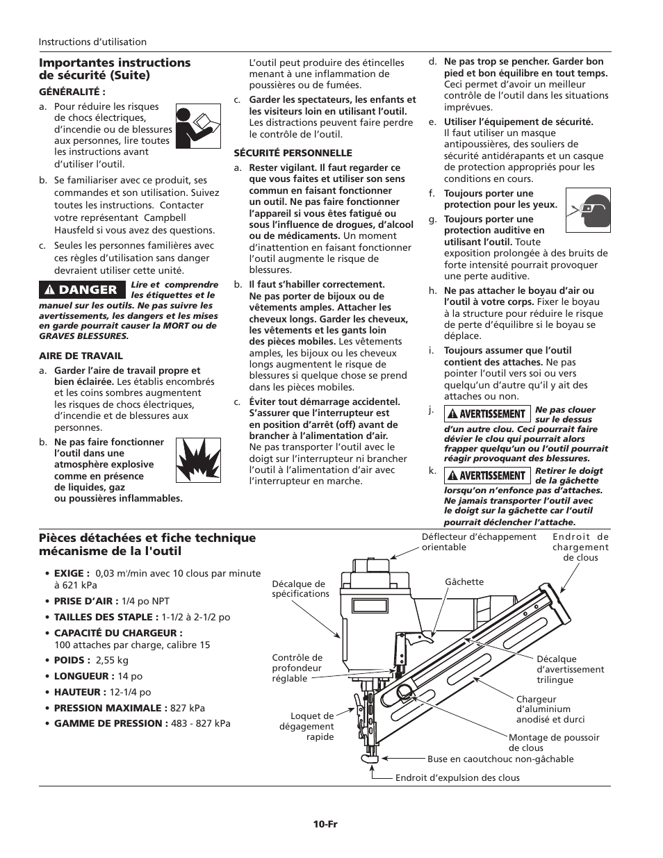 Importantes instructions de sécurité (suite) | Campbell Hausfeld IN715501AV User Manual | Page 10 / 24